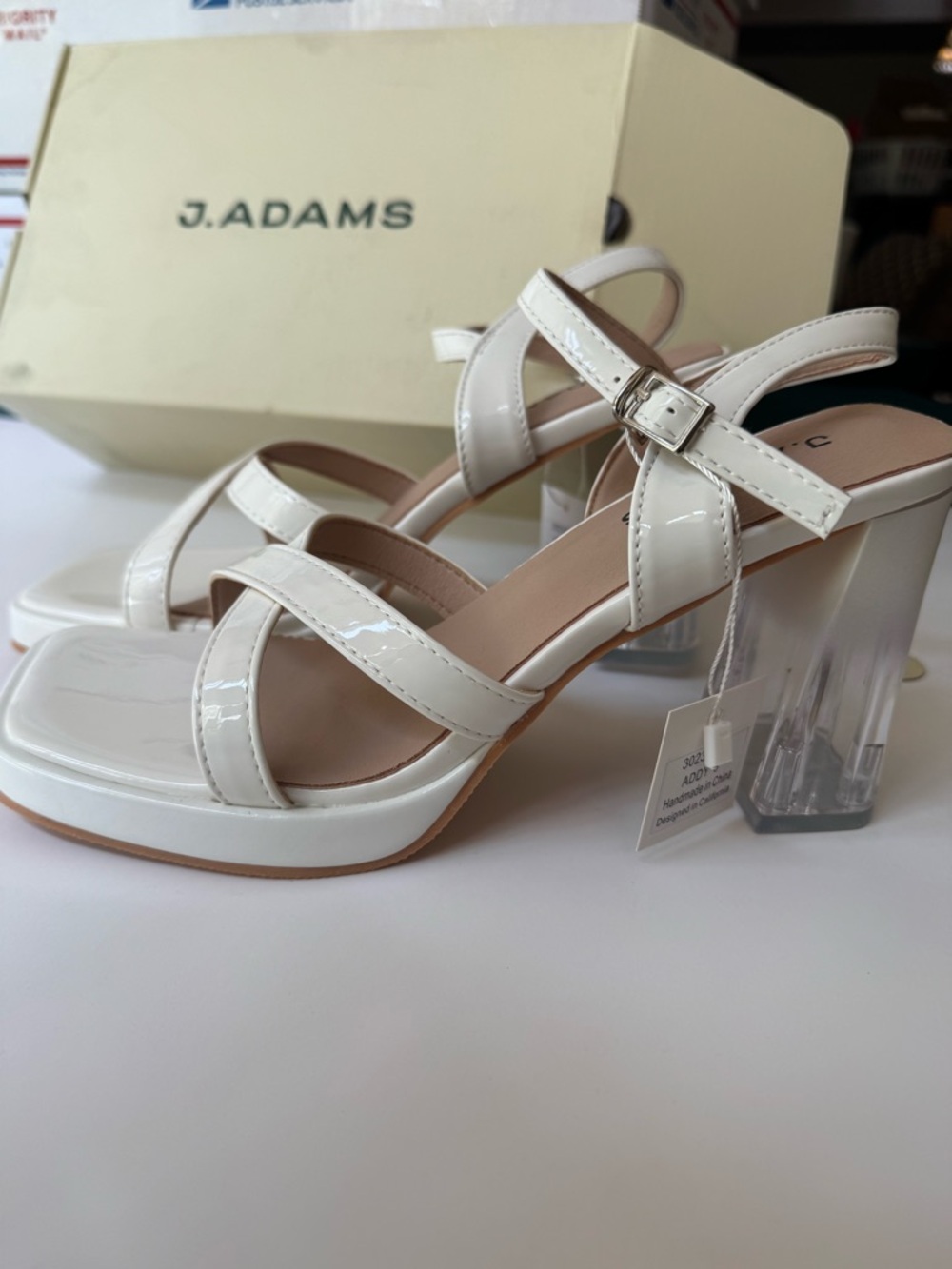 J. Adams Cream Beige Ivory Platform Neutral heels Sandals with Clear Block Heel